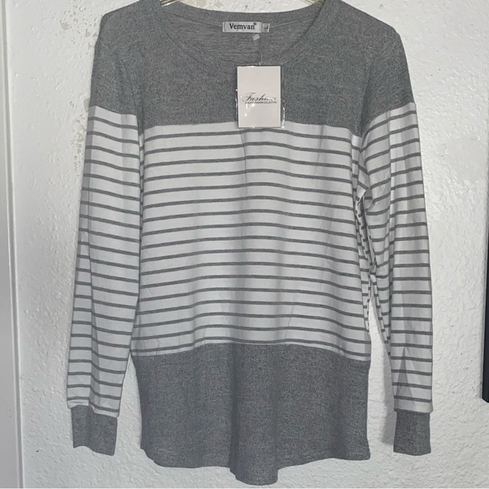 Gray and White Striped Long Sleeve Sweater